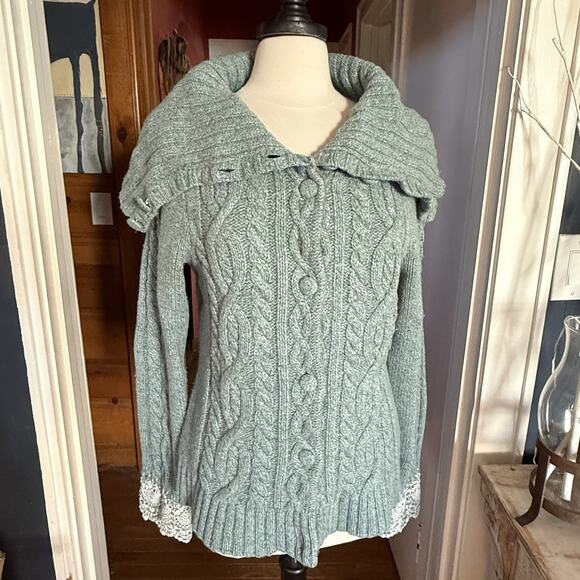 Anthropologie Sleeping on Snow Cardigan Sweater XL Cable Knit Lace Cuff Sleeves - Picture 2 of 16
